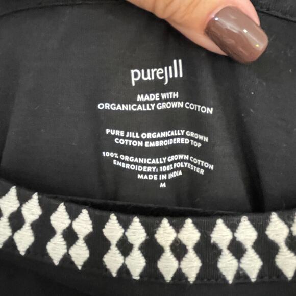 Pure Jill Embroidered Top Black White Organic Cotton Tunic Women’s M - Picture 3 of 9